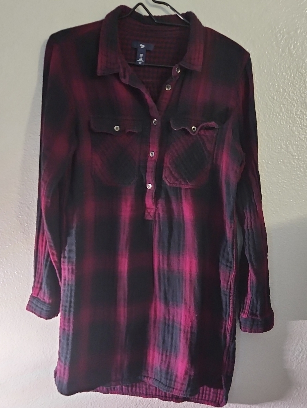 Gap Red Black Plaid Flannel Tunic Shirt Dress Pullover Popover Size Medium